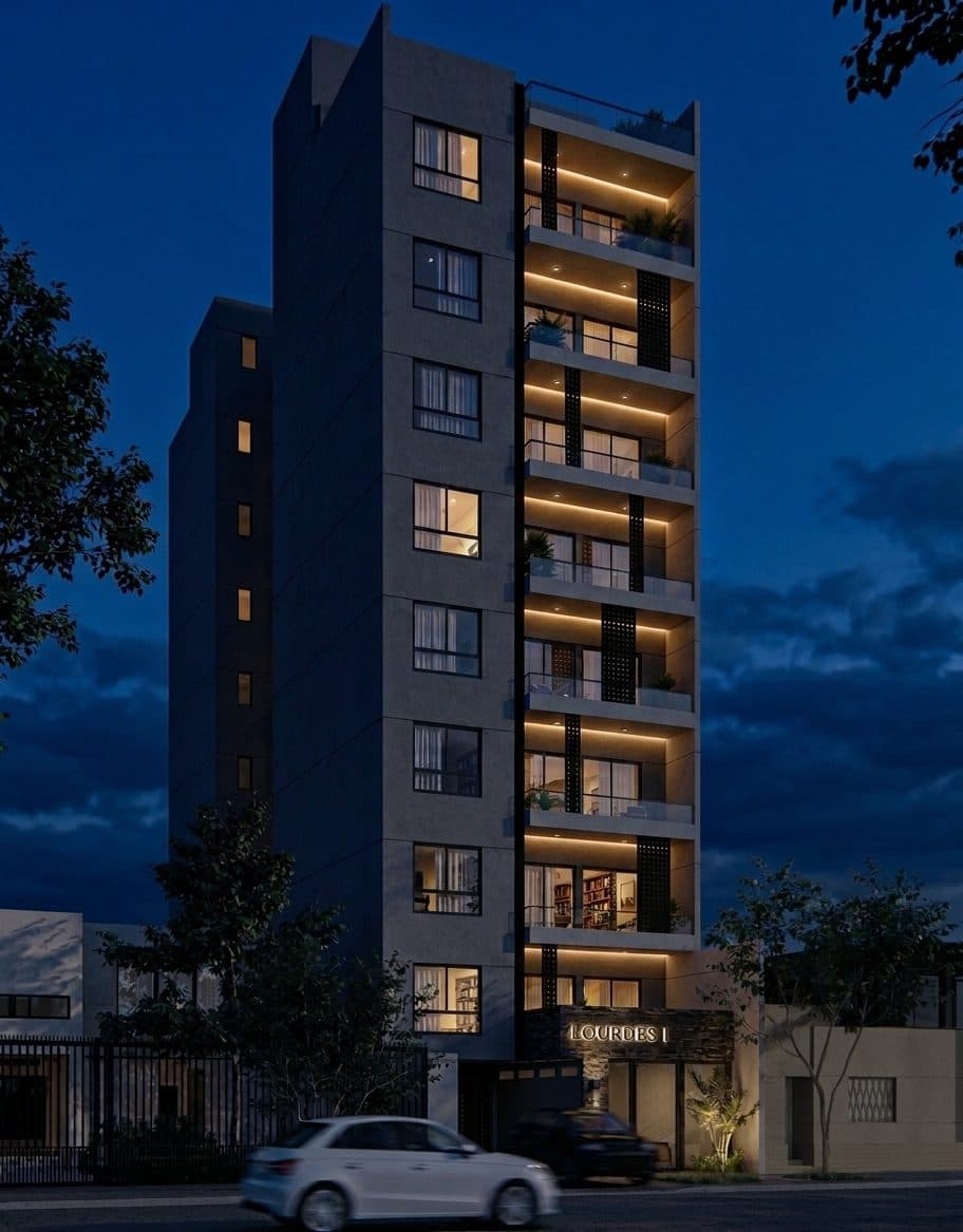Render de la fachada de Lourdes I de noche, con los balcones iluminados