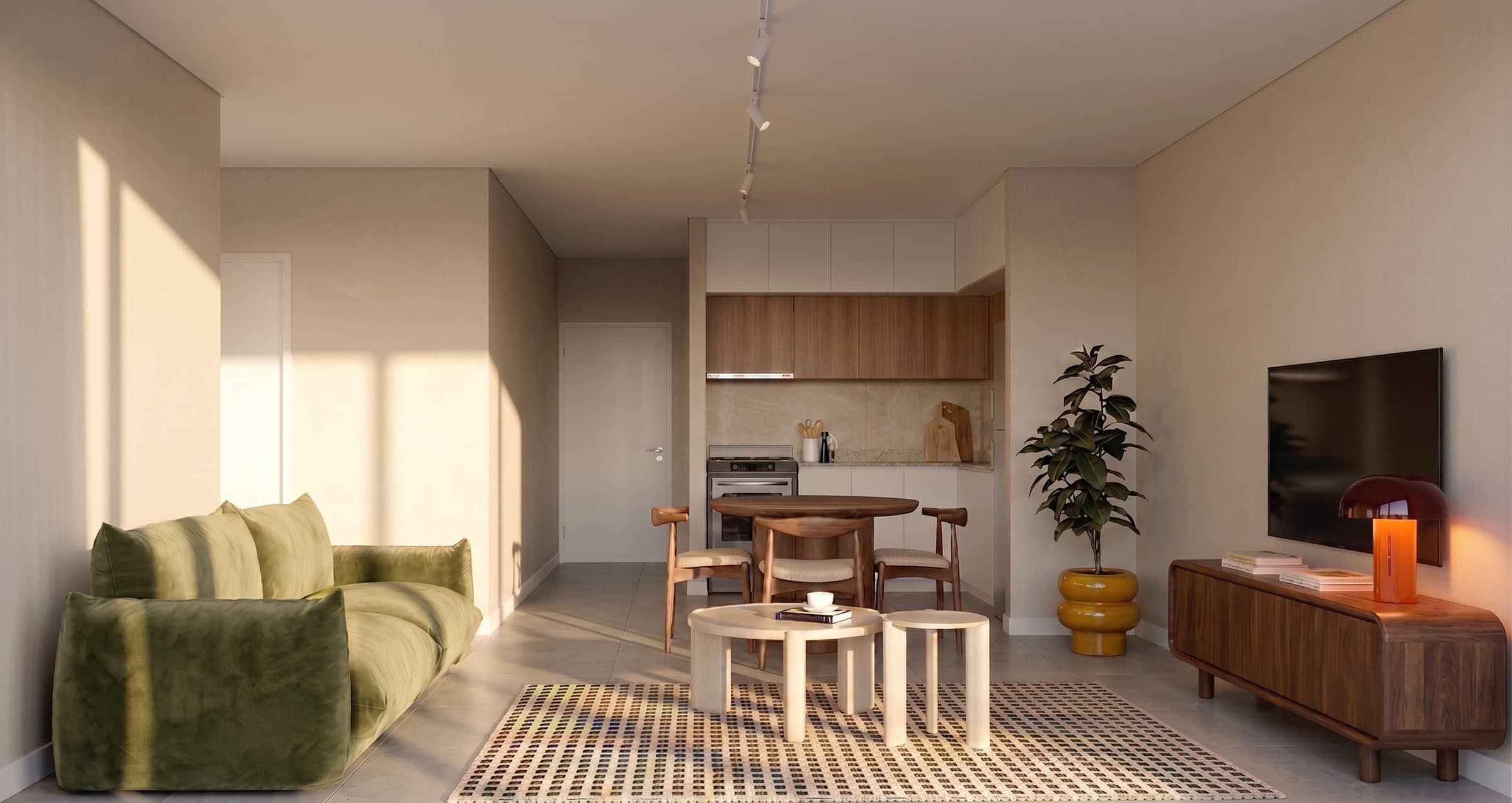 Render del living comedor con cocina integrada de un departamento de 2 ambientes