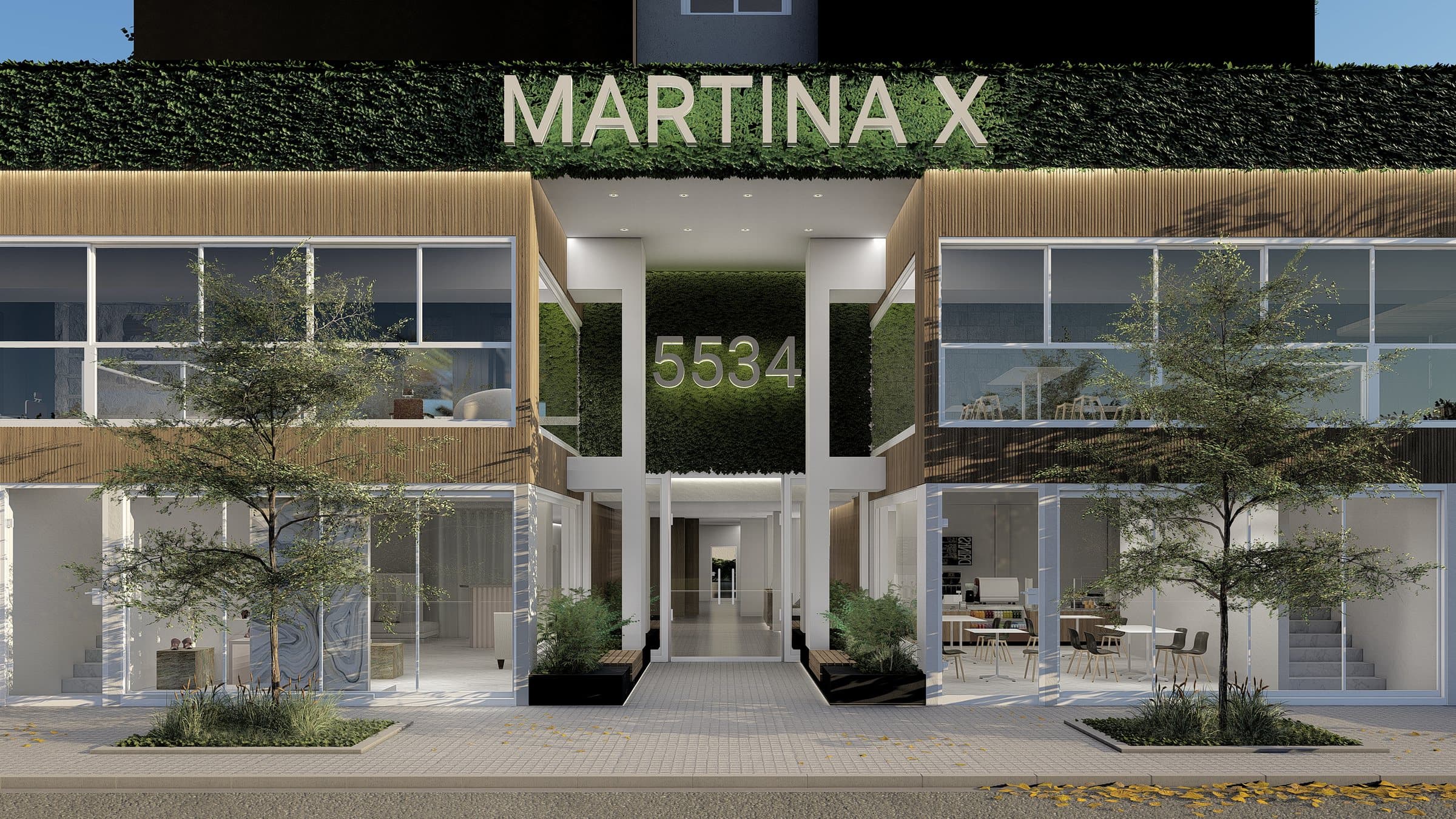 Render del acceso de Martina X sobre Luis M. Campos, con los locales en planta baja