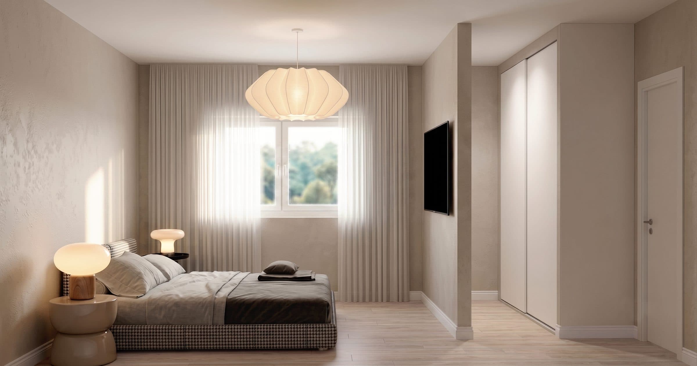 Render de un dormitorio del departamento D con placard y ventana