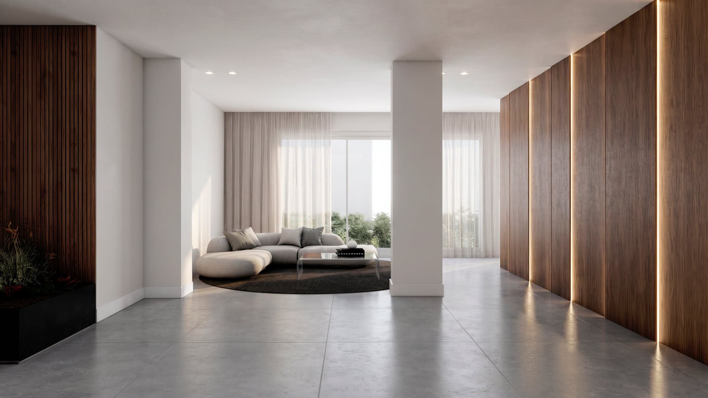 Render del hall de entrada de Martina X, con revestimiento de madera y estar