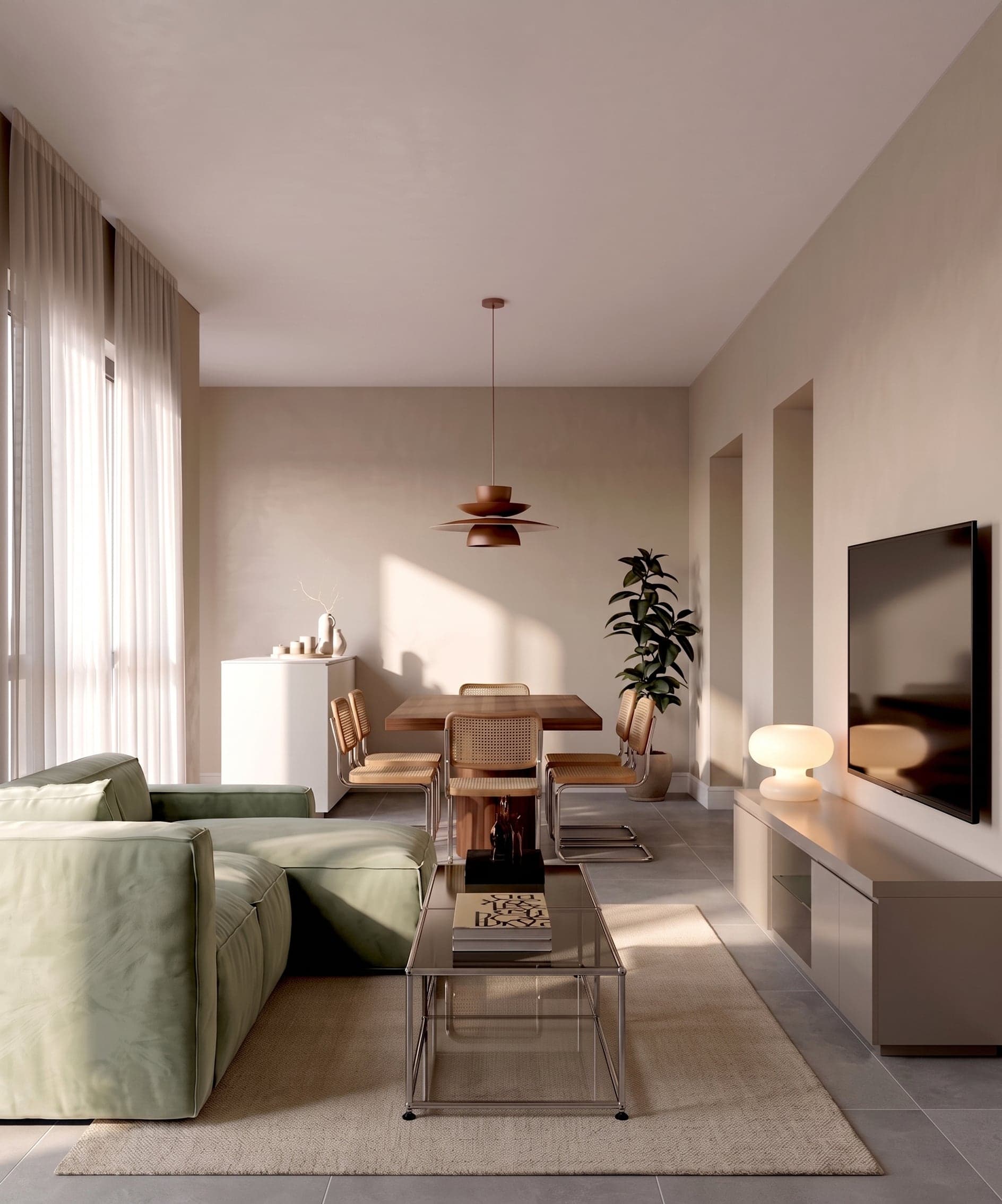 Render del living del departamento G visto hacia el balcón