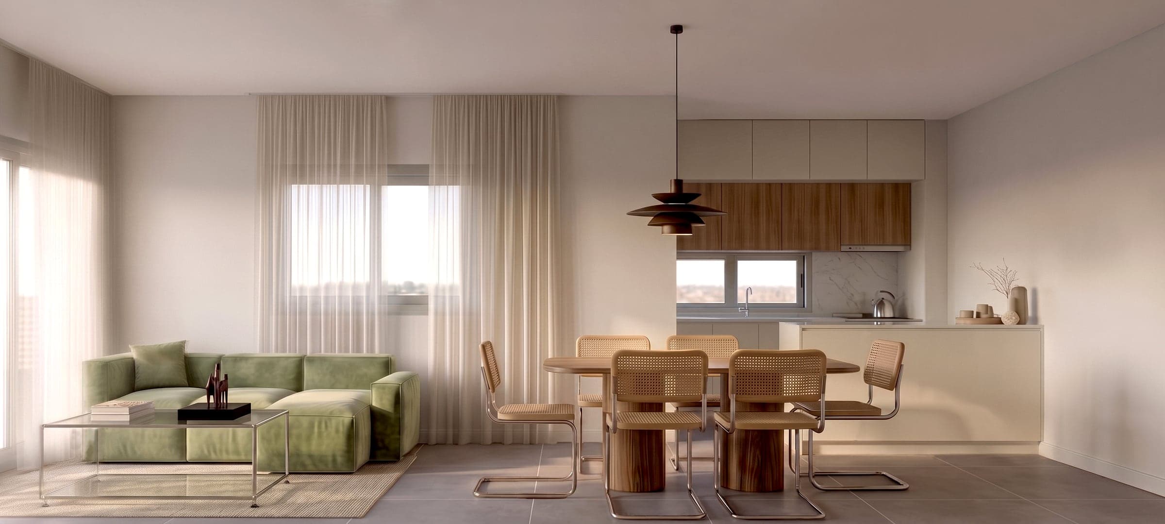 Render del living comedor con cocina integrada del departamento G, con piso de porcelanato