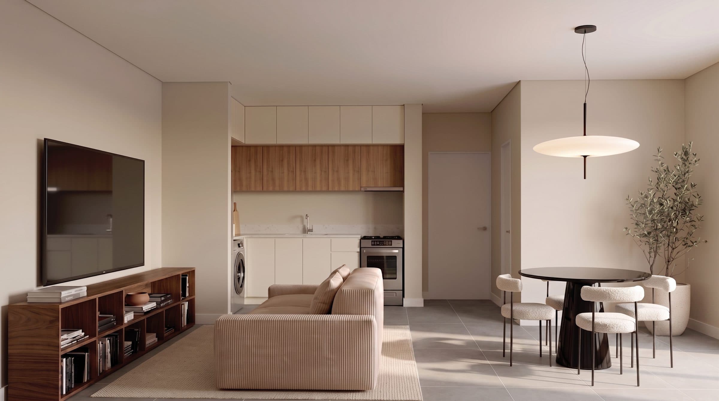 Render del living comedor con cocina integrada del departamento D, con piso de porcelanato