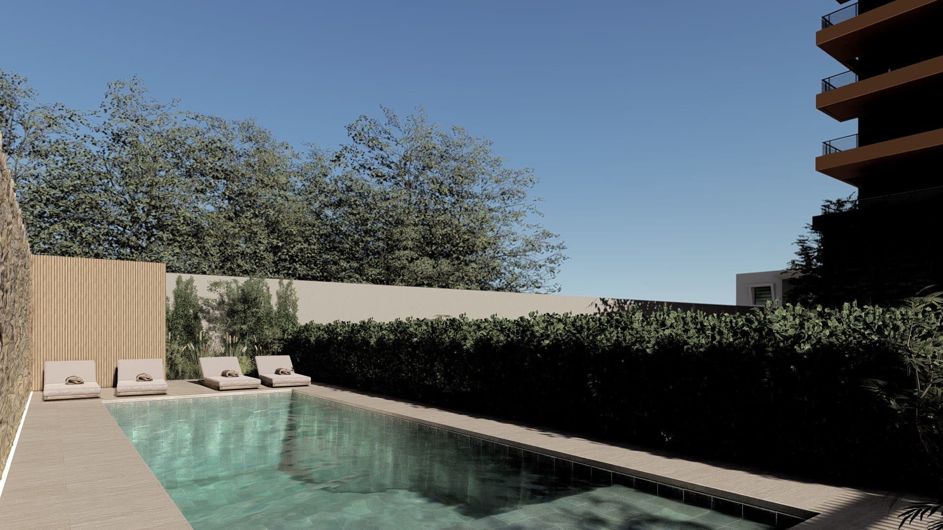 Render de la pileta de Martina X en planta baja, con el edificio de fondo