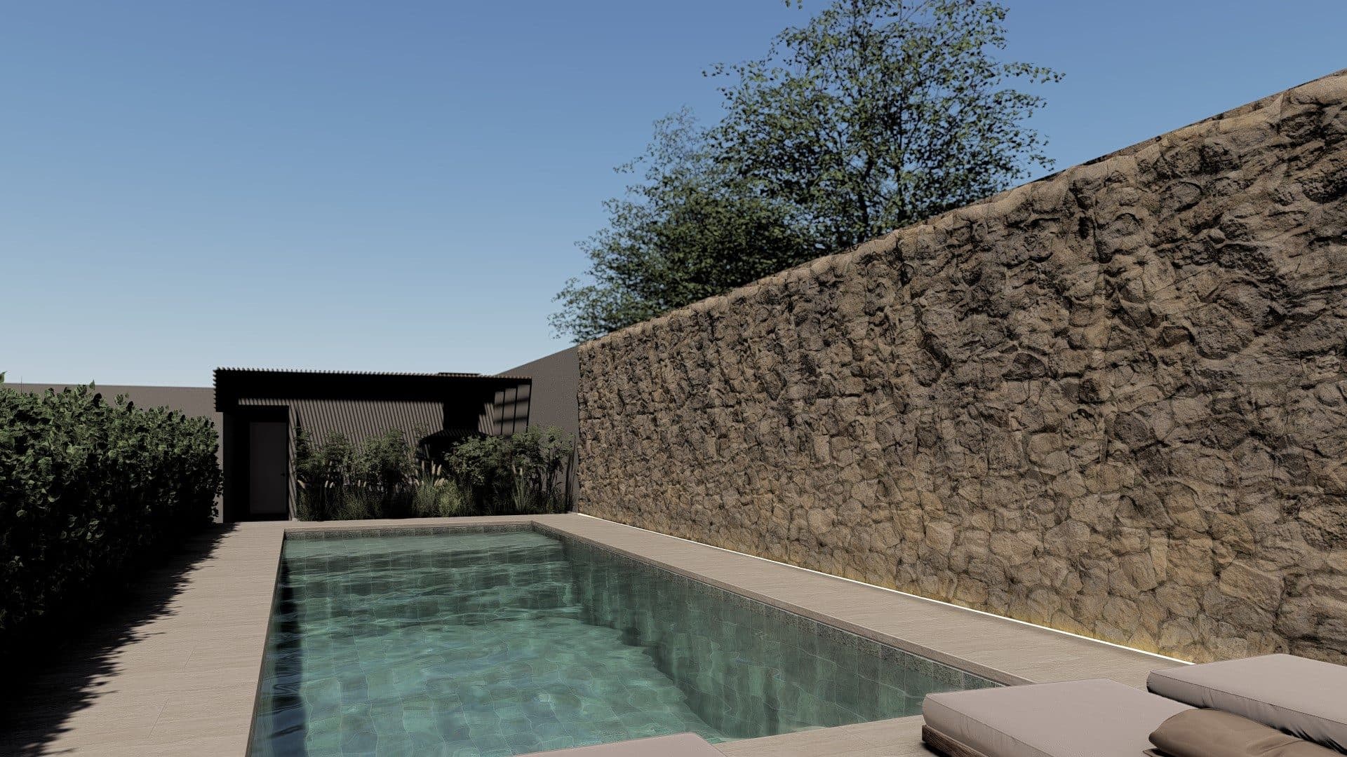 Render de la pileta de Martina X vista a lo largo