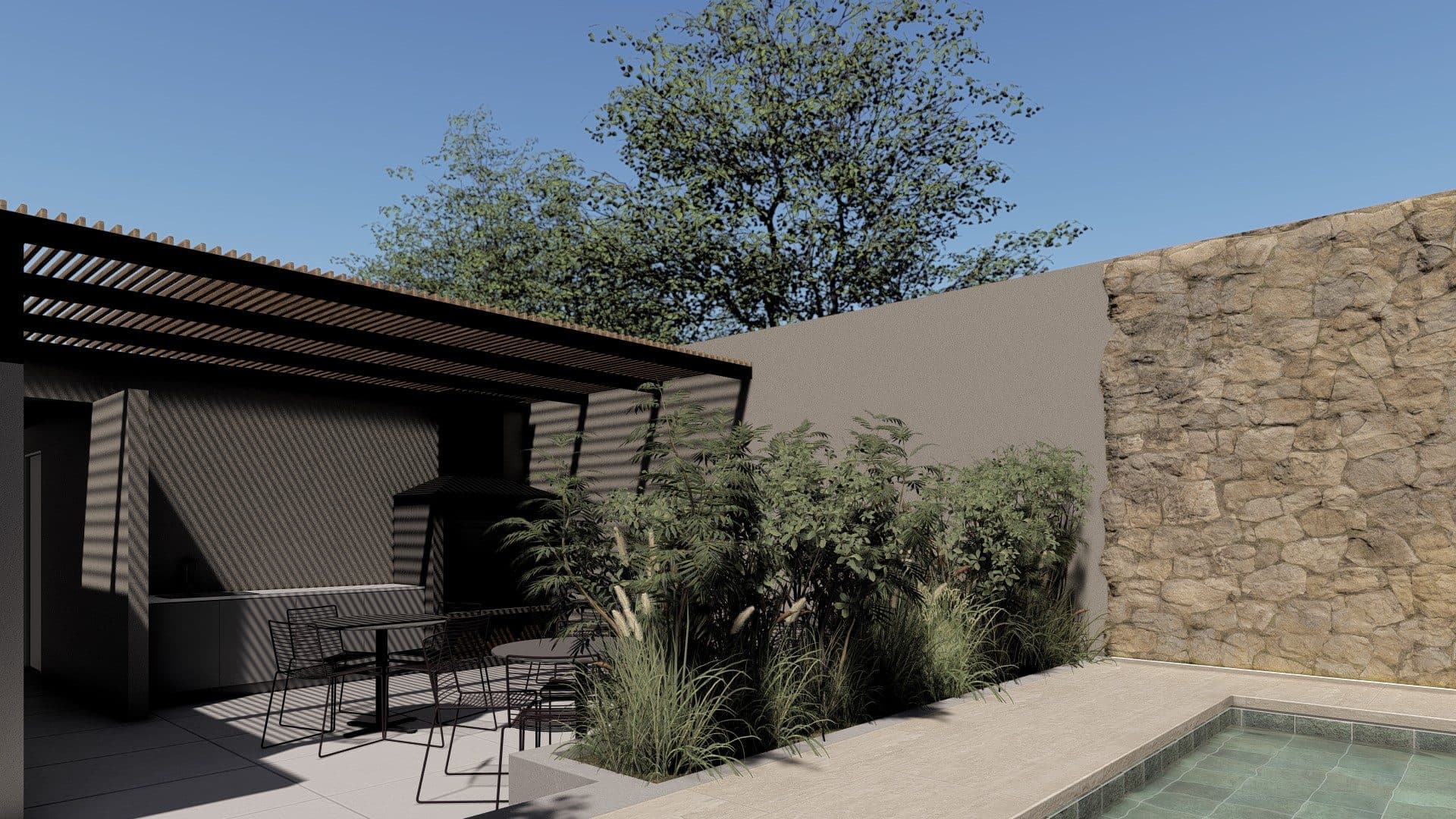 Render del sector de estar junto a la pileta de Martina X