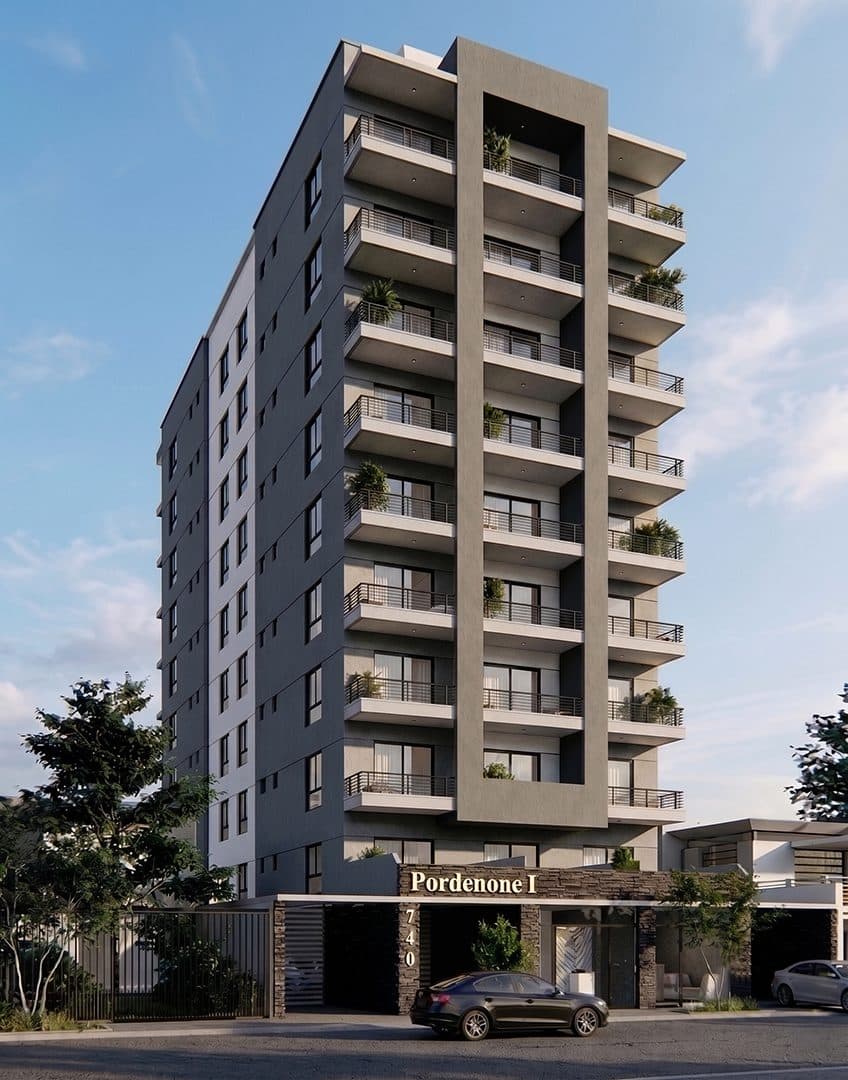 Render de la fachada de Pordenone I de día, sobre Mansilla, con los locales en planta baja