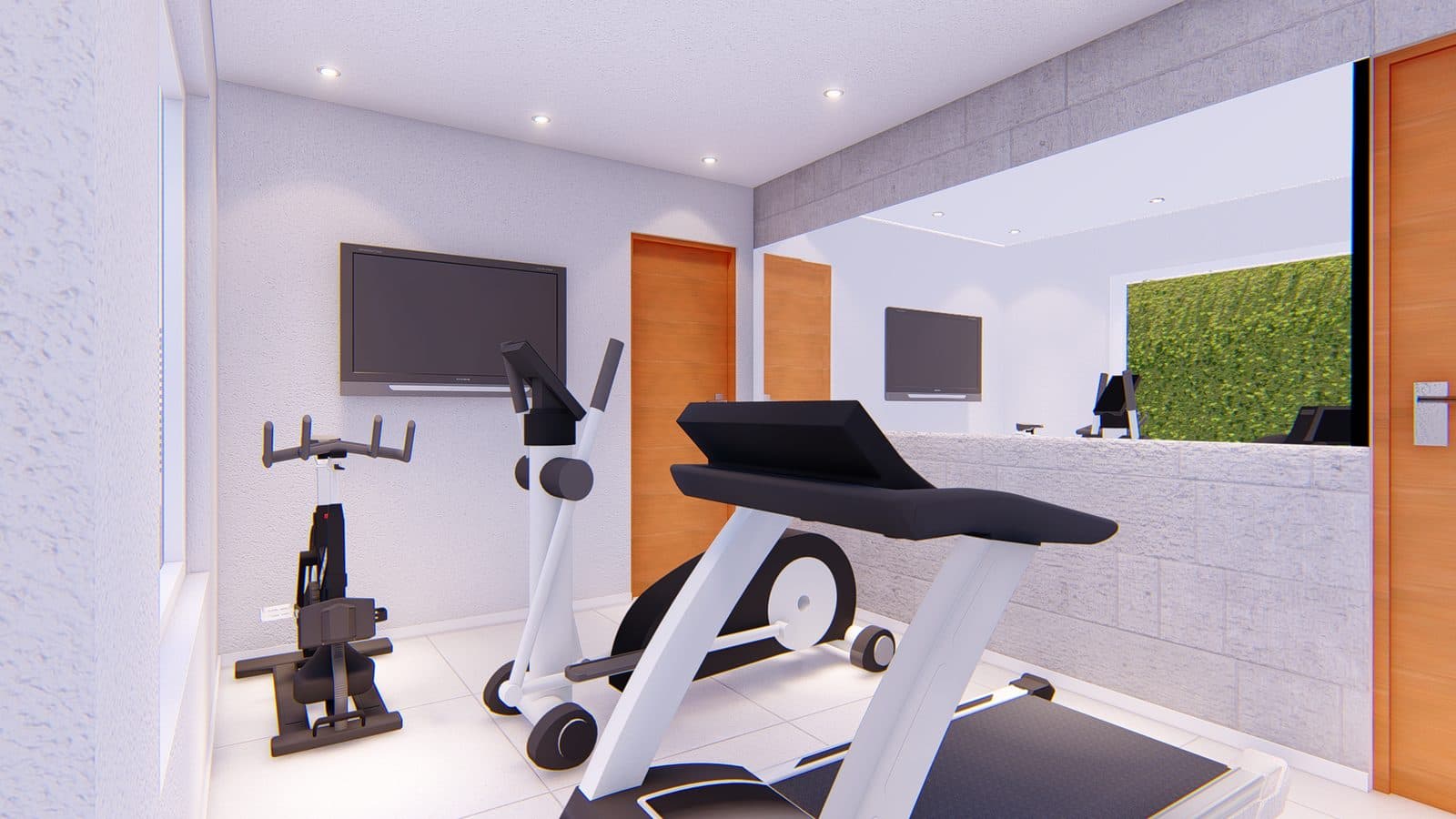 Render del gimnasio del edificio con equipamiento cardiovascular