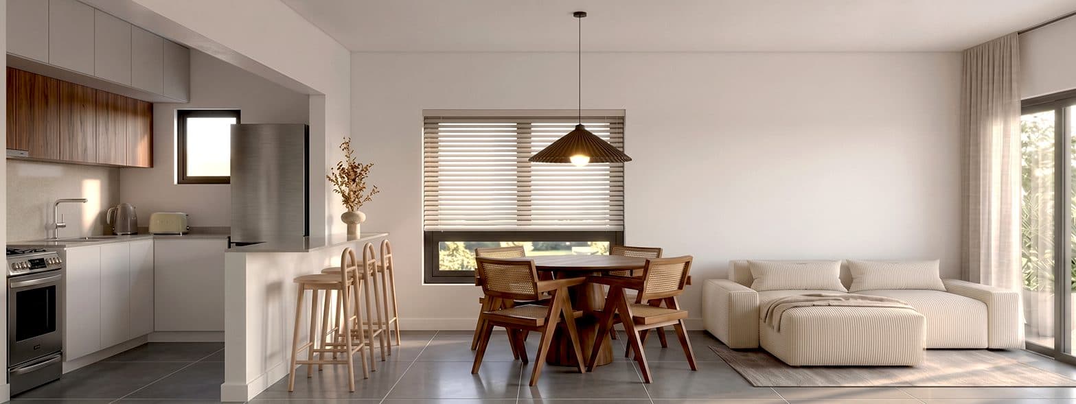 Render de la cocina integrada al comedor y al living de un departamento al frente