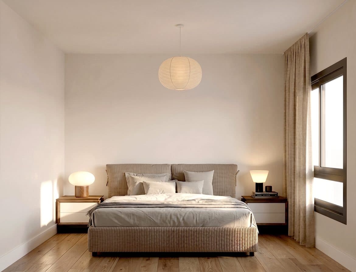 Render de un dormitorio con ventana y placard