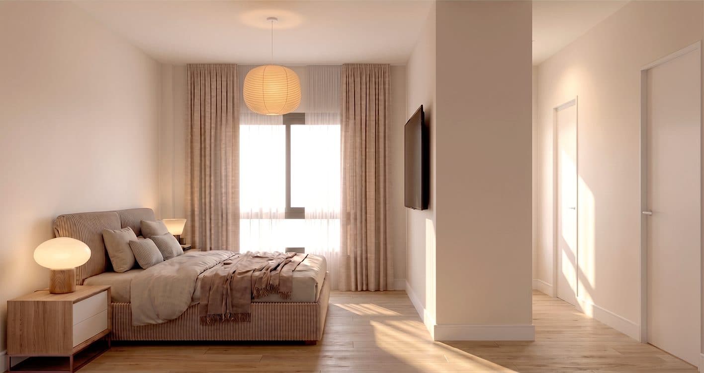 Render de un dormitorio con luz natural y cortinas