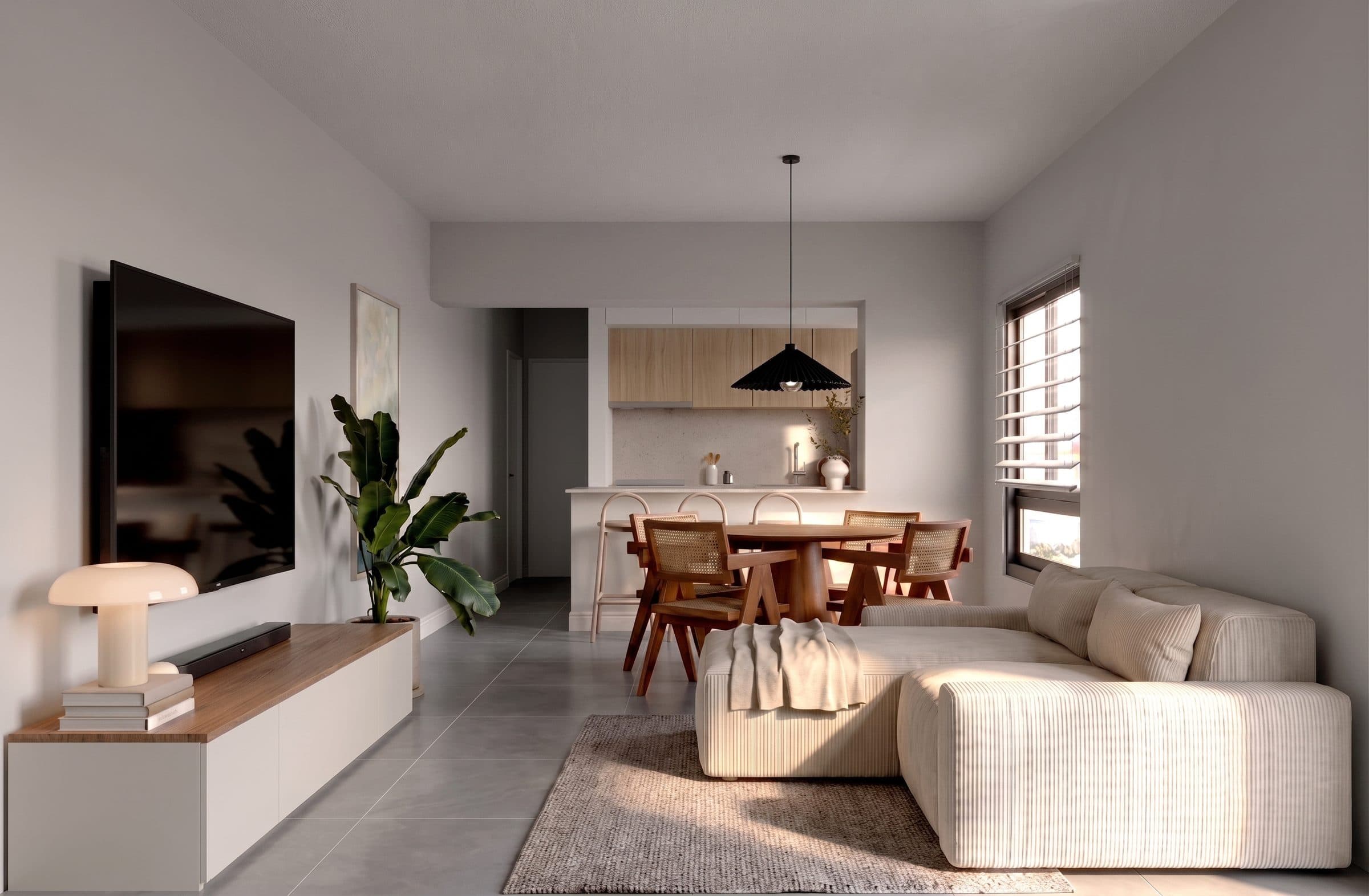 Render del living comedor de un departamento al frente, con ventanal
