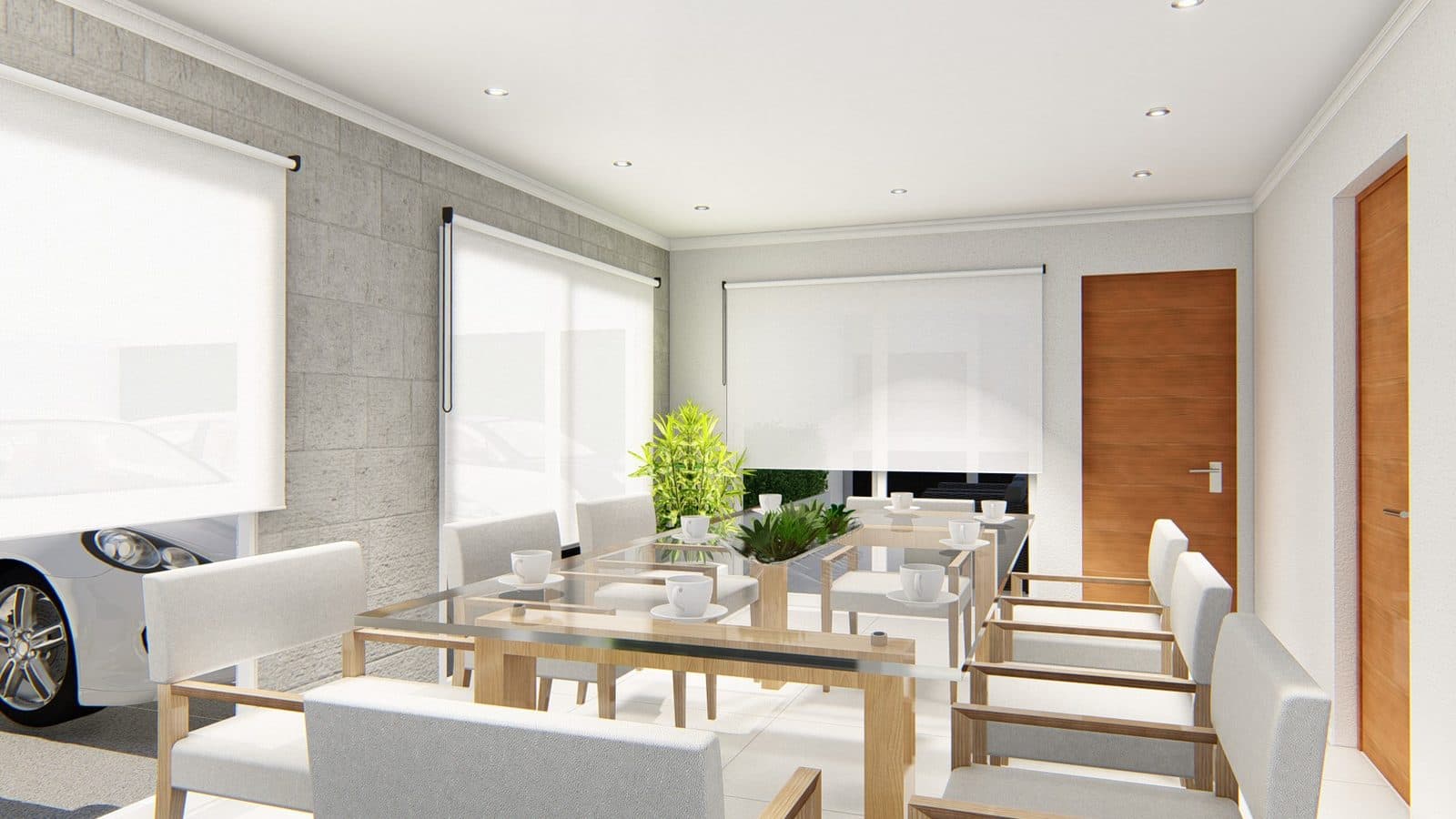 Render del salón de usos múltiples con la mesa comedor