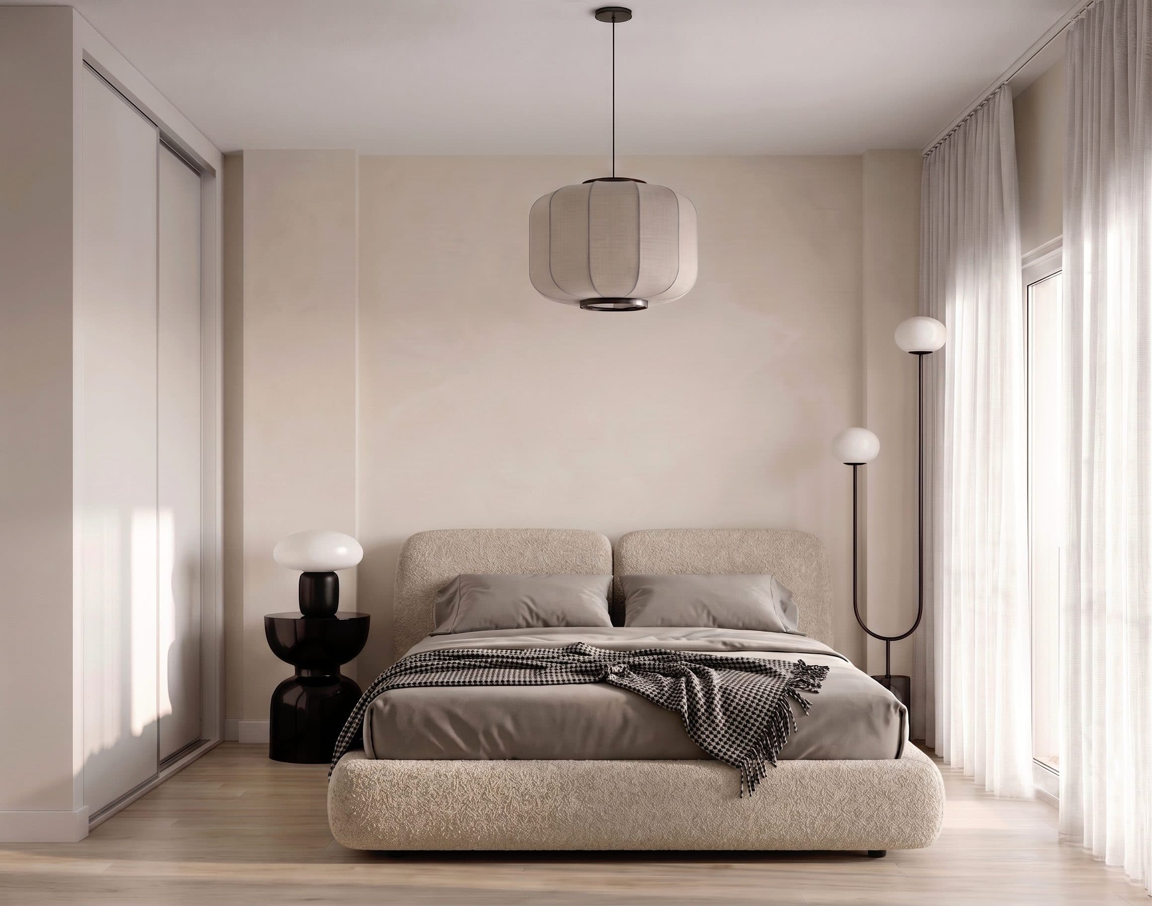 Render del dormitorio de un departamento de 2 ambientes