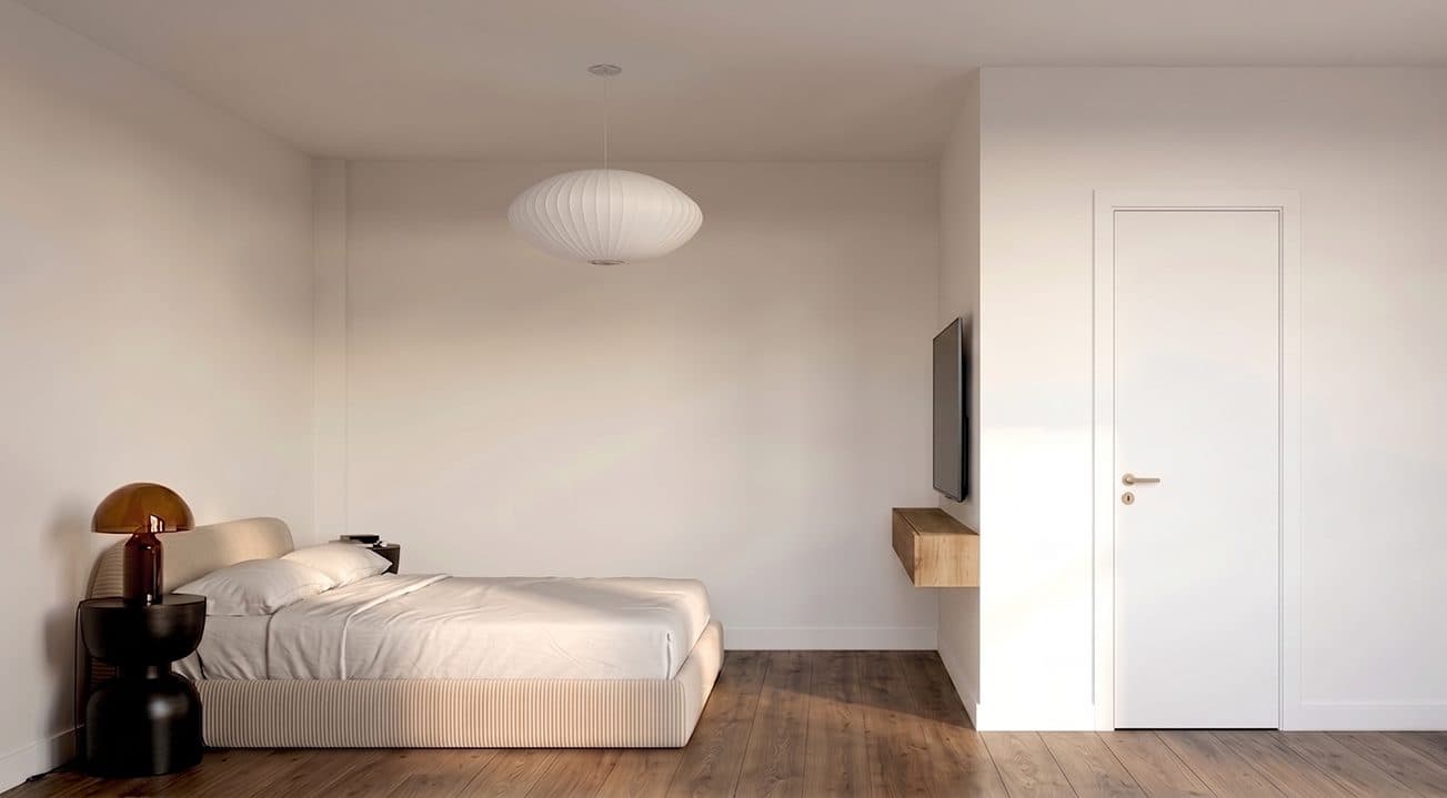 Render del dormitorio principal de un departamento de 3 ambientes, vista hacia la puerta
