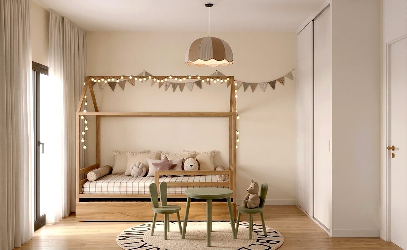 Render del segundo dormitorio de un departamento de 3 ambientes, ambientado como cuarto infantil