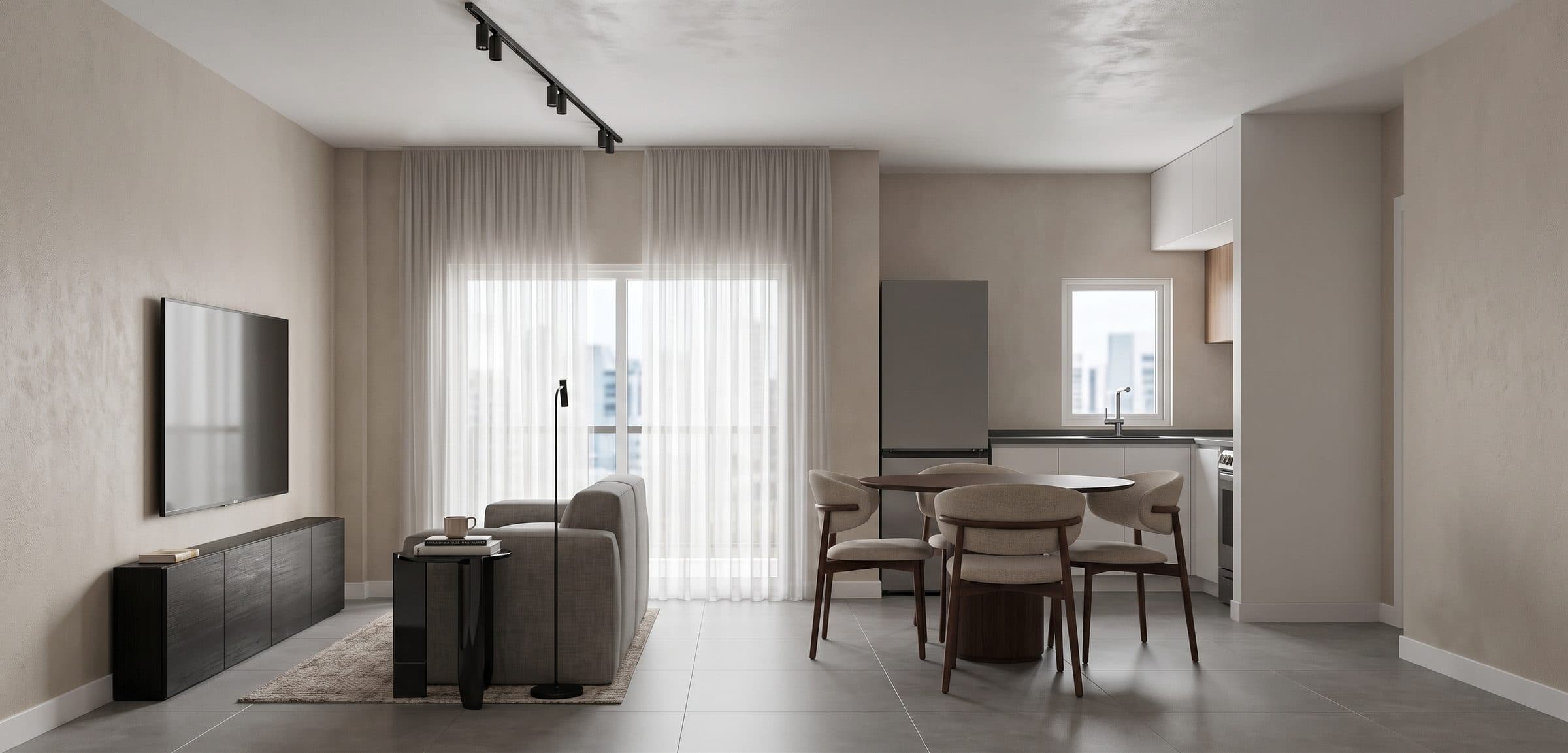 Render del living comedor con cocina integrada de un departamento de 2 ambientes
