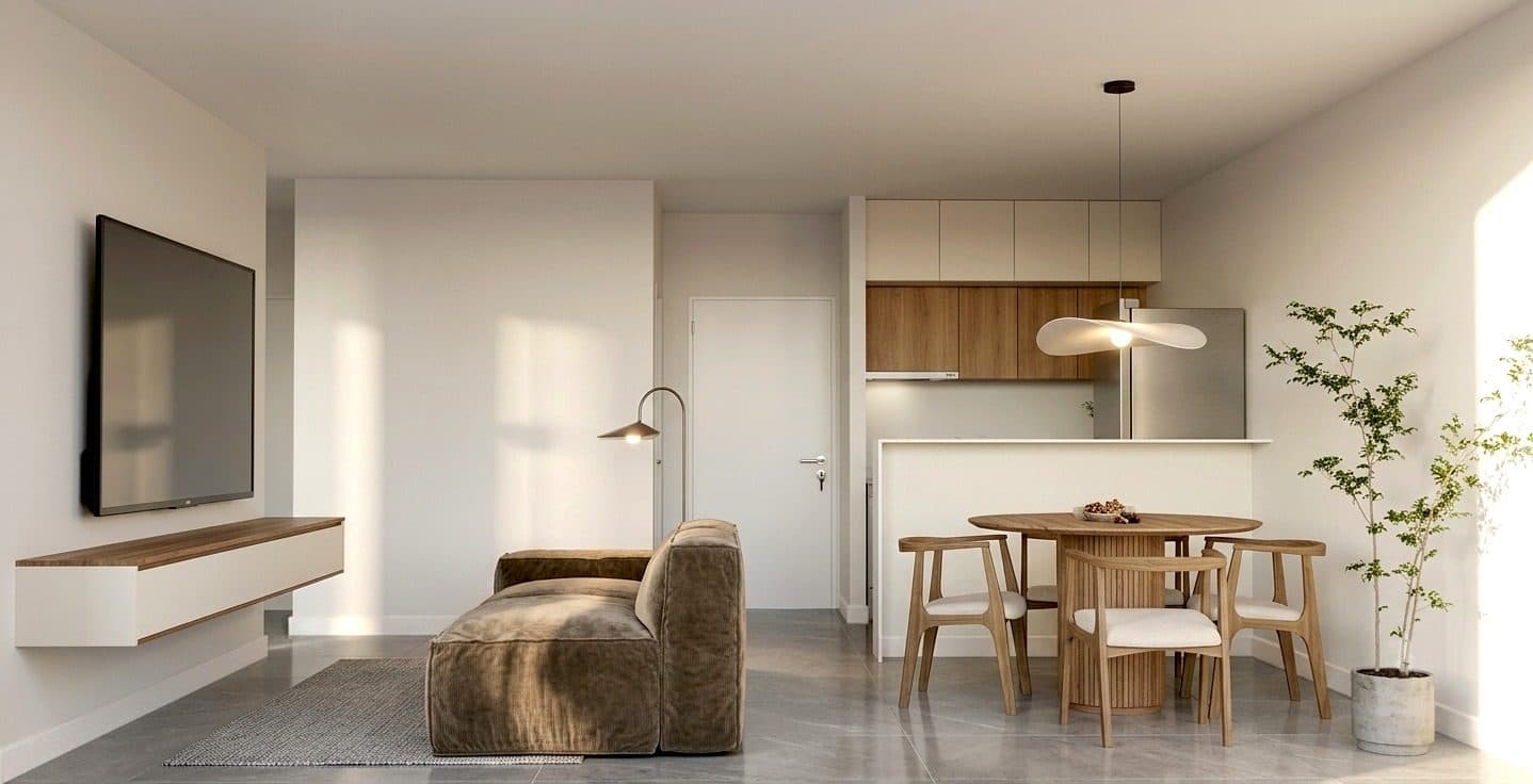 Render del living comedor y la cocina de un departamento de 3 ambientes