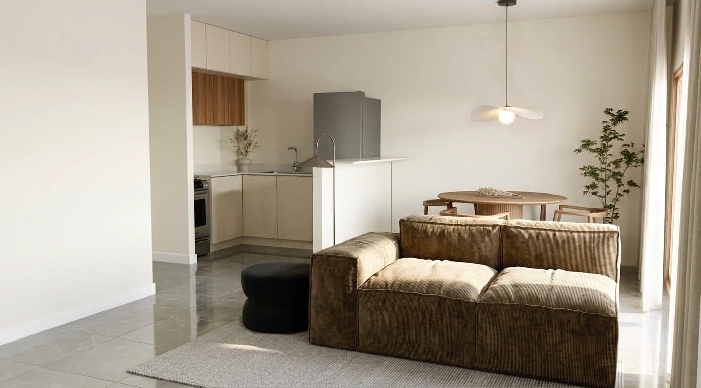 Render del living de un departamento de 3 ambientes con la cocina al fondo